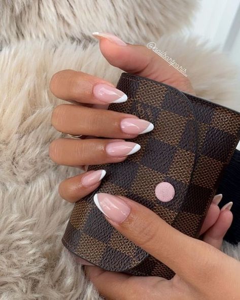 Glam Almond Acrylic Nails, Summer Nails French Tip Almond, Slim French Tip Nails, Angled French Tip Nails, White Tip Nails With Design, Debs Nails, Cute Nails Design, Brown Manicure, Almond Acrylic Nails Designs