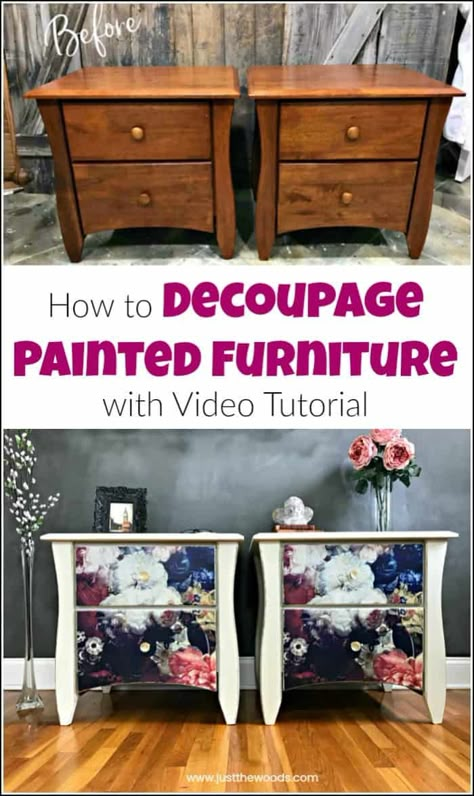 See how to add tissue to painted furniture with this decoupage furniture tutorial with video. Using mod podge glue and decoupage paper anything is possible. #decoupagefurniture #howtodecoupage #howtodecoupagefurniture #paintedfurniture #paintedfurnituredecoupage #howtopaintfurniture #modpodge Furniture Decoupage, Vintage Upcycling, Muebles Shabby Chic, Mod Podge Crafts, Decoupage Diy, Decoupage Furniture, Furniture Renovation, Refurbished Furniture, Furniture Restoration