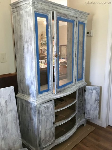 China Cabinet Redo Farmhouse, Chalk Paint Curio Cabinet, Refinishing China Cabinets, Refurbished China Hutch Ideas, Painting China Cabinet Ideas, Painting China Cabinet, China Cabinet Makeover Ideas, Chalk Painted China Cabinet, Diy China Cabinet Makeover