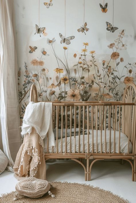 39  Whimsical Wildflower Nursery Ideas Flower Garden Bedroom Ideas, Wildflowers Nursery Theme, Floral Butterfly Nursery, Flower Mural Nursery, Floral Vintage Nursery, Baby Room Themes Girl, Wild Flower Nursery Theme, Girl Nursery Ideas Themes, Ethereal Nursery