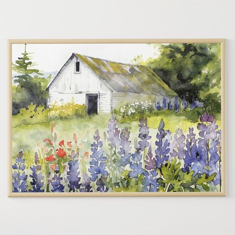 Bluebonnets Field Painting White Barn Watercolor Art Print Rustic Wall Art Farm Landscape Farmhouse Wall Decor - Etsy UK Barn Watercolor, Watercolor Farmhouse, Landscape Farmhouse, Floral Farm, Whimsical Cottage, Farm Landscape, Transparent Watercolor, Farm Paintings, Field Painting