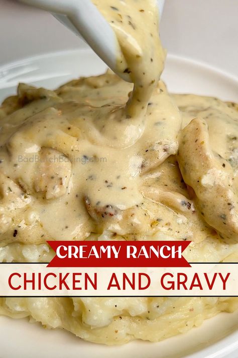 creamy ranch chicken and gravy Ranch Smothered Chicken, Creamy Ranch Sauce For Chicken, Oven Baked Chicken With Gravy, White Chicken Gravy, Creamy Chicken Dinner, Creamy Ranch Chicken, Chicken And Gravy, Batch Baking, Buttery Mashed Potatoes