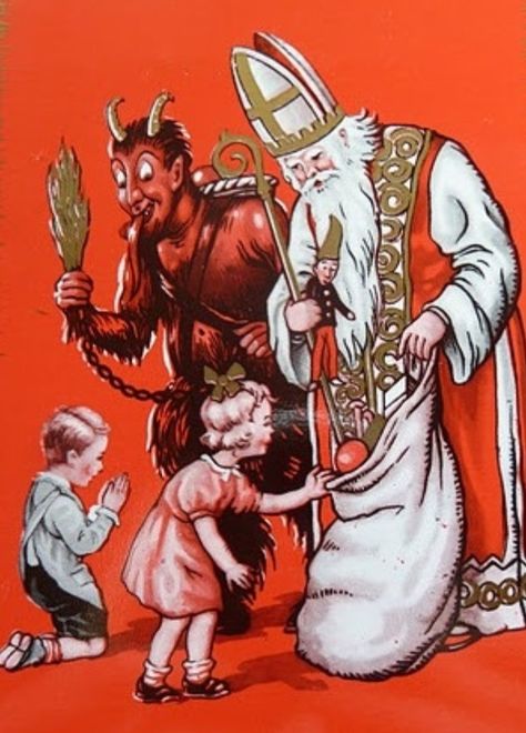 As you can see, Saint Nick was depicted as the one that brought the good children bags of toys. Whew, I'm totally grossed out by the boy praying for forgiveness to Krampus, Saint Nick's evil sidekick. Bad Santa, Creepy Christmas, St Nicolas, Saint Nicolas, Most Haunted, Saint Nicholas, Father Christmas, Vintage Magazine, Mythical Creatures