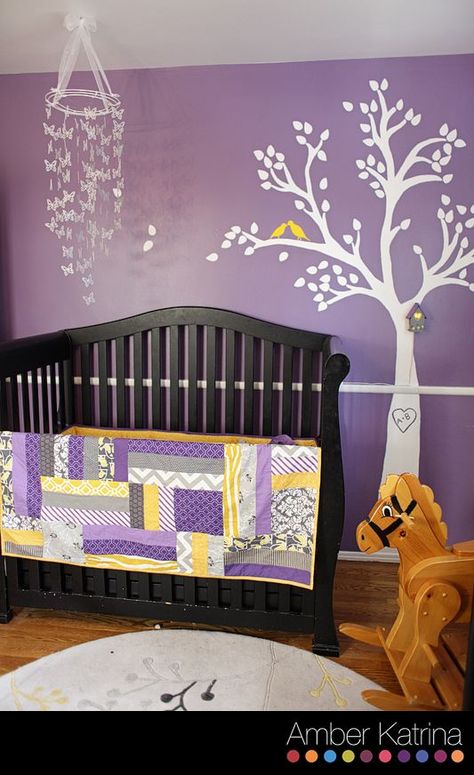 Purple and yellow nursery ideas | Baby girl's nursery room purple grey and yellow birds Purple Yellow Gray Bedroom, Purple And Yellow Nursery Girl, Dark Purple And Gray Nursery, Different Shades Of Purple Nursery, Purple Yellow And Grey Nursery, Room Ideas Purple, Purple Baby Rooms, Baby Girl Nursery Purple And Grey, Baby Girl Nursery Room Ideas