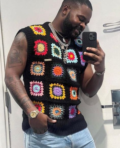 Crochet Guys Clothes, Men In Crochet, Men Crochet Cardigan, Crochet Idea For Men, Men’s Crochet Vest, Guy Crochet Gifts, Crochet Stuff For Men, Crochet Outfits For Men, Mens Crochet Vest