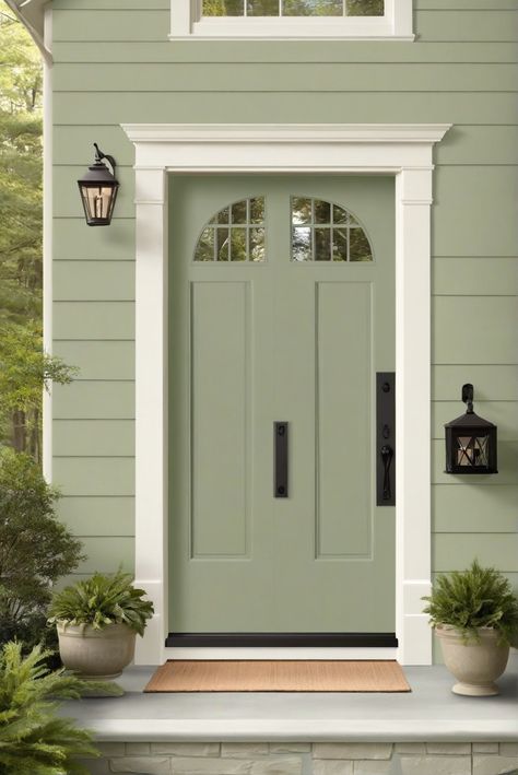 ExteriorElegance, SageGreenPaint, BenjaminMoore, 2024 Light Green House Paint Exterior, Colour Ideas For Exterior Of House, Sage Green Exterior Paint Colors For House, Benjamin Moore Creekside Green Exterior, Sage Door Exterior, Saybrook Sage Exterior, Benjamin Moore Green Front Door, Benjamin Moore Paint Colours 2024, Sage Green Front Door Gray House