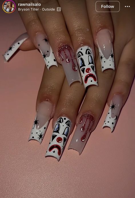 Fall Acrylic French Tips, Clown Acrylic Nails, Clown Nails Acrylic, Chicano Nails Designs, Smile Now Cry Later Nails, Clown Nails Designs, Chicana Nails Acrylic, Chola Nails Designs, Chola Nails Acrylic