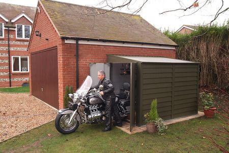 Buy Secure Motorbike Garages For Home Storage - Trimetals UK Motorcycle Garage Ideas, Outbuilding Ideas, Garden Day Bed, Motorcycle Storage, Metal Motorcycle, Aluminium Garden Furniture, Bike Magazine, Shed Sizes, Carport Garage