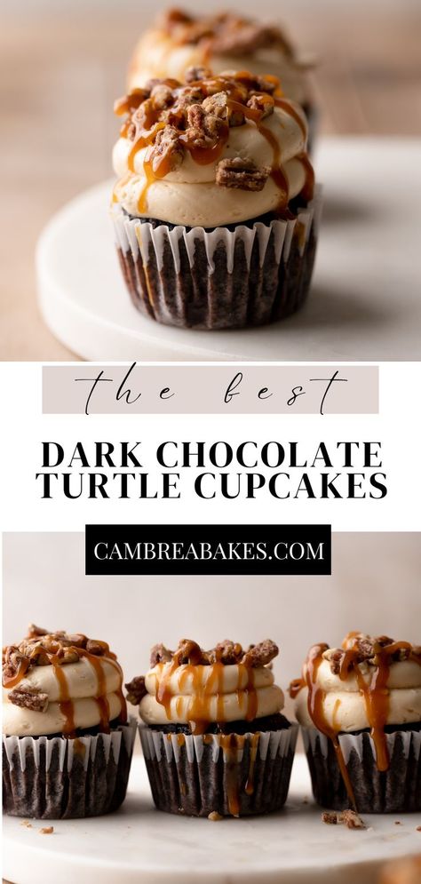 chocolate turtle cupcakes on a white marble platter. Dark Chocolate Turtles, Chocolate Cake Homemade, Caramel Chocolate Ganache, Turtle Candies, Turtle Candy, Turtle Cupcakes, Chocolate Turtle, Homemade Salted Caramel, Chocolate Cupcakes Moist