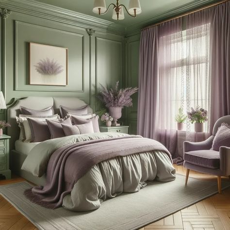 sage green and lavender bedroom Green Lilac Color Palette, Sage Green And Lavender Bedroom, Green And Lavender Bedroom, Purple And Green Bedroom, Green And Purple Bedroom, Sage Green And Lavender, Bedroom Interior Colour, Lilac Room, Lilac Bedroom