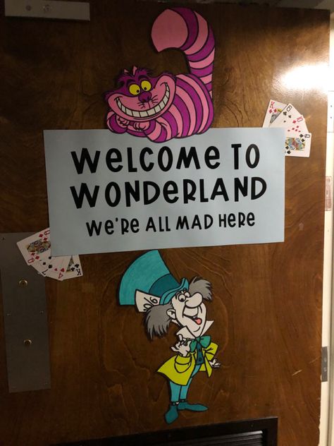 Welcome to Wonderland Alice In Wonderland Classroom Theme, Easter Classroom Door, Wonderland Classroom, Hallway Decorations, Welcome To Wonderland, Easter Classroom, Book Office, Halloween Office, Alice In Wonderland Tea Party Birthday