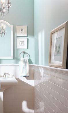 Love the colors; could do bead board or ship lap instead of the tile Windowless Bathroom, Easy Bathroom Updates, Small Bathroom Colors, Bathroom Paint Colors, Bathroom Windows, Upstairs Bathrooms, Trendy Bathroom, Bathroom Update, Simple Bathroom