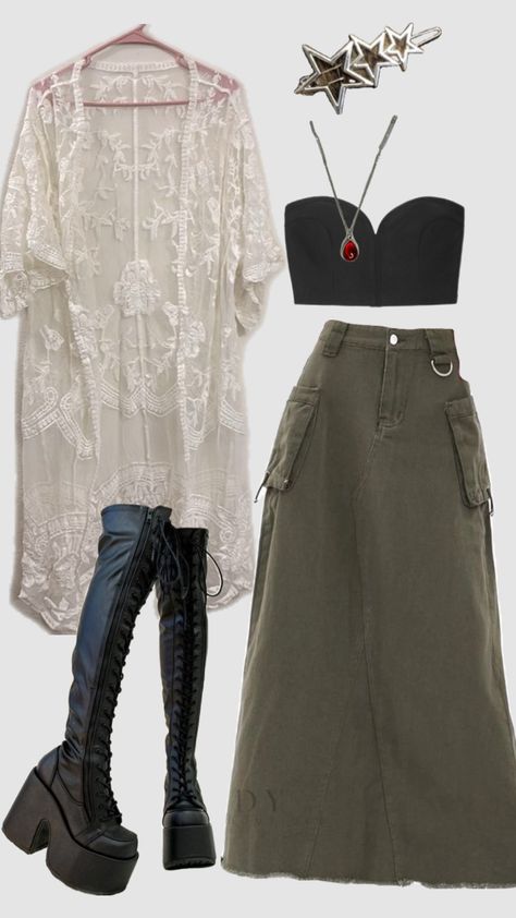 #grungeoutfit #asethetic #asetheticoutfit #grunge #greenskirt #straplesstops #platformboots #lacecardigan #outfitboard #mycloset Ethereal Aesthetic Outfits, Grunge Core, Ethereal Aesthetic, Grunge Outfits, Aesthetic Outfits, Outfit Ideas, Closet, Clothes