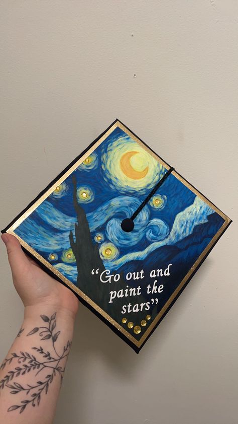 Painting On Graduation Cap, Art Education Grad Cap, Starry Night Graduation Cap, Van Gogh Graduation Cap, Art Grad Cap, Graduation Cap Designs Painted, Painted Grad Cap Ideas, Painted Caps For Graduation, Grad Cap Painting