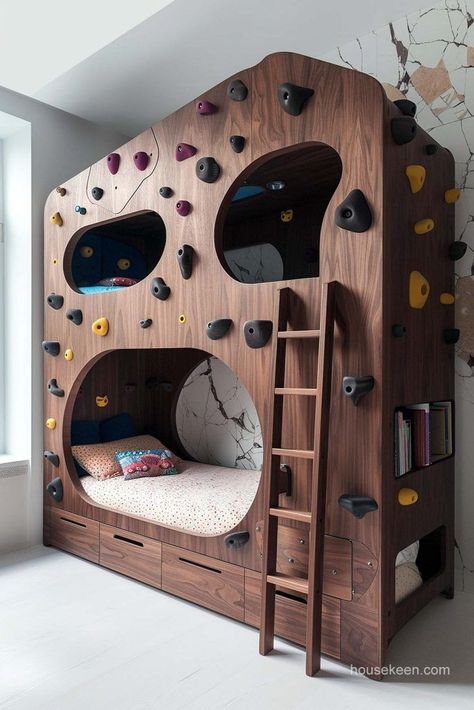 Beautifully designed for playful souls, this bunk bed awakens creativity with charming details. Bed With Climbing Wall, Bunk Bed Into Playhouse, Hidden Bunk Bed, Fun Kid Beds, Bunk Bed Slide Diy, Built In Kids Bed, Kid Bunk Bed Ideas, Unique Bunk Bed Ideas, Cool Bunk Beds For Boys