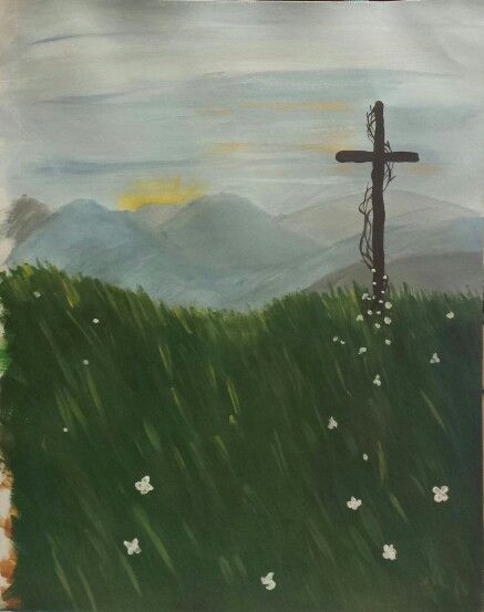 Cross On a Hill Nature, Hill Painting Easy, Three Crosses On A Hill Painting, Cross On A Hill Painting, Cross Paintings On Canvas, The Cross Painting, Cross On A Hill, Christian Art Painting, Beautiful Landscape Paintings