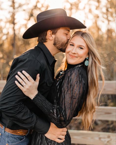 Love, couples, western, country, boho, engagement photos, horses, horse farm, field, pasture, fencing, turquoise jewelry, cowboy hat, pearl snap, black dress, sunset, engagement ring Dancing Engagement Photos, Homecoming Dance Pictures, Couple Horse Photography, Western Engagement Pictures, Western Couple Photoshoot, Western Couples, Western Engagement Photos, Couples Dancing, Save The Date Pictures