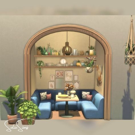 Sims Breakfast Nook, Tiny Living Sims 4 Layout, Sims 4 Colorful Kitchen, Sims 4 Cc Book Nook, Sims 4 Space Filler, Breakfast Nook Sims 4, Sims 4 Large Kitchen Ideas, Sims 4 Cc Breakfast Nook, Sims 4 Bed And Breakfast