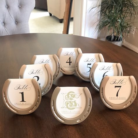 Horseshoe Table Numbers, Horseshoe Table, Horseshoe Wine Rack, Country Girl Gifts, Wine Bottle Display, Equestrian Wedding, Western Themed Wedding, Table Assignments, Wedding Horseshoes