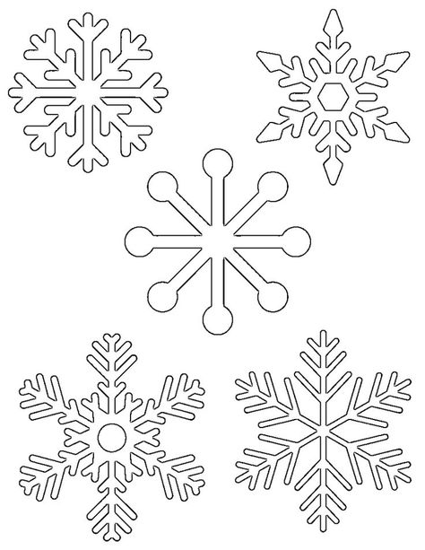 5 small snowflakes on one page to print out for kids activities (tracing, coloring pages, etc) Royal Icing Snowflakes, Snowflake Coloring Pages Free Printable, 5 Little Snowflakes, Snowflake Tracing, Royal Icing Templates Free Printable, Snowflake Cutouts Patterns, Snowflake Printables, Snow Template, Embroidery Snowflake