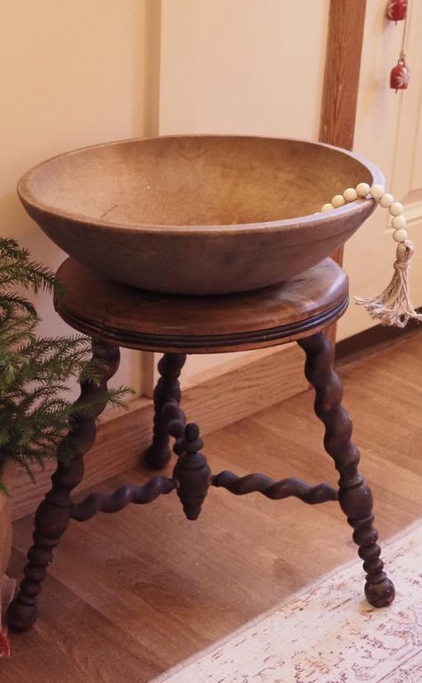 Wooden Bowl Christmas Decor, Wood Bowls Decor Ideas, Antique Dough Bowl, Large Wood Bowl, Dough Bowl Centerpiece, Large Wooden Bowl, Amazing Crafts, Wooden Dough Bowl, Banana Chocolate Chip Muffins