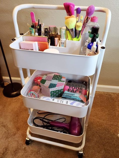 A three-tier storage cart that can hold anything that needs sorting, from beauty products to craft supplies. Trolley Cart Organization, Make Up Storage Cart, Bathroom Rolling Cart Storage, Organisation, Beauty Storage Bedroom, 3 Tier Trolley Storage Ideas, Vanity Cart Ideas, Makeup Cart Organizing, Nail Storage Cart