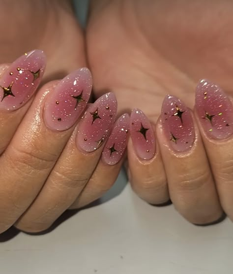 Builder Gel Nails Design Pink, Jelly Pink Nails Design, Blush Nails With Stars, Love Witch Nails, Gel Manicure Inspo Short, Pink Nails Unique, Era Tour Nail Ideas, Pink Nails With Gold Stars, Witchy Vibes Nails