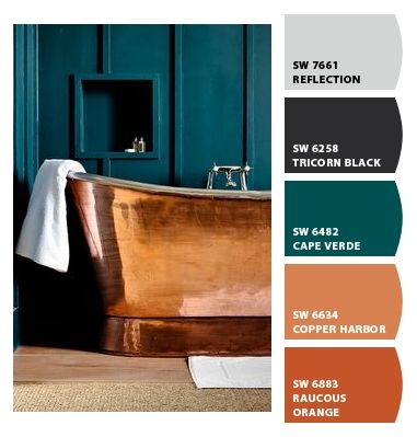 Turquoise copper black grey Paint colors from ColorSnap by Sherwin-Williams Powder Room Color Palette, Copper Paint Colors Bedroom, Rust And Turquoise Bedroom, Teal Wall Color Palette, Copper Accents Bedroom, Copper Bedroom Walls, Rust Teal Bedroom, Cooper Paint Color, Colors That Go With Copper