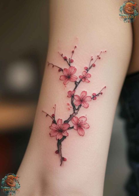 The Art and Symbolism of Cherry Blossom Tree Tattoo Designs: A Comprehensive Exploration - inktat2.com Cherry Blossom Tattoo Calf, Cherry Blossom Branches Tattoo, Sakura Tattoo Forearm, Mulan Cherry Blossom Tattoo, Cherry Blossom Stem Tattoo, Meaning Of Cherry Blossom Tattoo, Pink Blossom Tattoo, Spine Tattoo Cherry Blossom, Cherry Blossom Sleeve Tattoos For Women