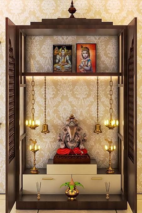 Aesthetic Puja Room, Small Pooja Unit In Living Room, Small Pooja Unit Designs, Gopuram Designs, Pooja Room Ideas Indian Traditional, House Mandir, Small Pooja Room Ideas, Small Pooja Unit, Pooja Room Ideas Indian Modern