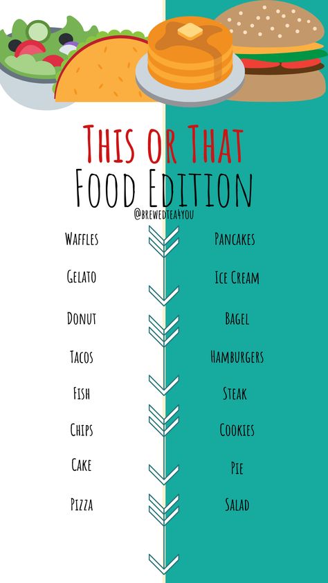 Food Edition This or That Template for Instagram or Facebook Story created by @BrewedTea4You Instagram Games Story, Fun Conversation Topics, Question Game For Friends, Facebook Group Games, Food School, Sleepover Party Games, Interactive Facebook Posts, Story Questions, Facebook Story