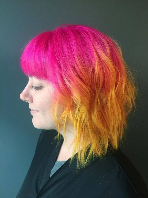 Pink and Yellow Hair. Designs Haircut, Pink Yellow Hair, Pink And Yellow Hair, Shaggy Haircut, Stylish Hair Colors, Medium Hairstyle, Modern Shag Haircut, Modern Shag, Short Shag Hairstyles