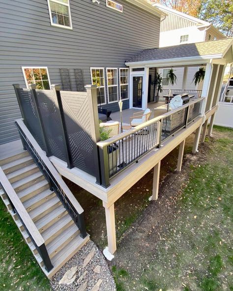 Elevated Deck Ideas, Second Story Deck Ideas, Awning Ideas, Freestanding Deck, Deck Stair Railing, Deck Awnings, Deck Shade, Deck Maintenance, Second Story Deck