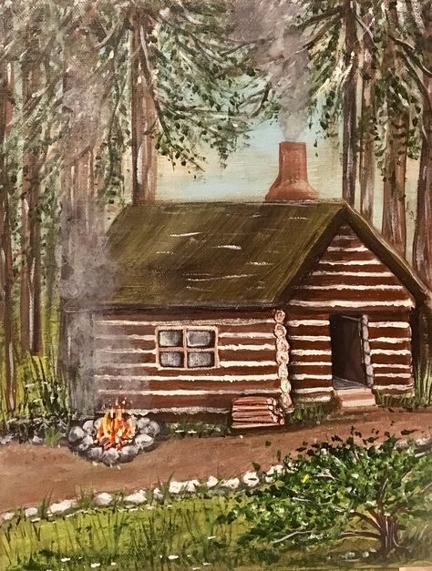 Cabin Scene Painting, Cabin Painting Ideas, Log Cabin Painting Acrylic Easy, Simple Cabin Painting, Log Cabin Painting Easy, Rustic Acrylic Painting Ideas, Cabin In The Woods Painting Easy, Forest Cabin Painting, Cabin Painting Easy