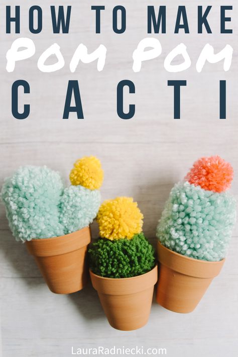 DIY Faux Cactus made with Yarn Pom Poms | Faux Potted Cacti Pom Pom Cactus, Yarn Pom Poms, Pompon Diy, Yarn Crafts For Kids, Kerajinan Diy, Faux Cactus, Diy Yarn Crafts, Yarn Pom Pom, Pom Pom Crafts