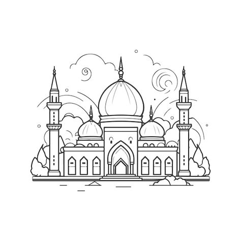 Vector home line illustration design | Premium Vector #Freepik #vector #mosque #mosques #coloring-page #islamic-background Masjid Drawing, Drawing Mosque, Line Illustration Design, Mosque Drawing, Reflection Drawing, Social Media Business Cards, Islamic Background, Ramadan Background, Arabic Design