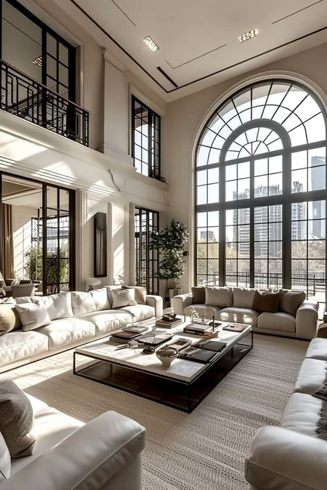 Step into this luxurious living room, where high ceilings and large windows create an airy, open layout. Plush white sofas are beautifully arranged, accentuating the elegance of the space. Mansion Living Room, Interior Design Instagram, High Ceiling Living Room, Plans Architecture, Dream Life House, Mansion Interior, Luxury Homes Dream Houses, Dream House Interior, Design Your Dream House