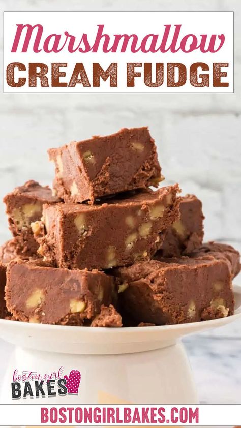 This marshmallow cream fudge, or Fantasy Fudge recipe, is made with marshmallow fluff, toasted walnuts, and a little vanilla for extra flavor! This marshmallow fudge recipe is perfect for gifting to family and friends, or keeping on hand to easily satisfy your sweet tooth. And the best part is this fudge is made on the stovetop so no need to turn your oven on. | @bostongirlbakes #marshmallowcreamfudge #holidayfudgerecipes #christmasfudge Fudge With Miniature Marshmallows, Creamy Fudge Recipes Marshmallow Cream, Fudge Marshmellow Recipes, Peanut Butter Fudge Using Marshmallow Cream, Fudge With Fluff Marshmallow Cream, Melt In Your Mouth Fudge, Fudge Recipe With Marshmallow Cream, Easy Fudge With Marshmallow Cream, Marshmallow Cream Fudge Easy