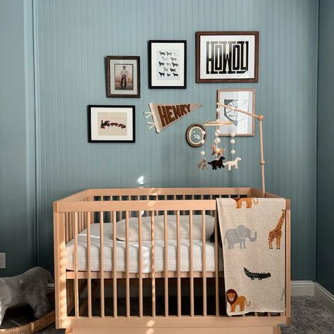 Teal Nursery Boy, Baby Gallery Wall, Moody Blue Nursery, Boy Nursery Room Inspiration, Gallery Wall In Nursery, Blue Walls Nursery, Baby Boy Nursery Color Palette, Above Crib Decor Boy, Slate Blue Nursery