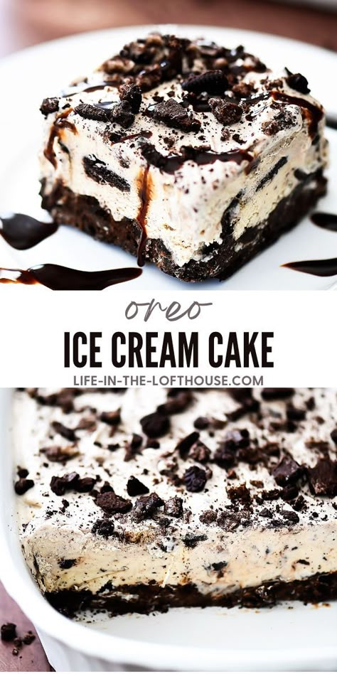 Oreo Ice Cream Cake is loaded with cookies ‘n cream ice cream, gooey hot fudge and Oreo cookies. Cookies N Cream Ice Cream, Cookies Summer, Ice Cream Dessert Recipe, Oreo Ice Cream Cake, Oreo Desserts, Easy Ice Cream Cake, Cookies N Cream, Oreo Ice Cream, Ice Cream Cake Recipe