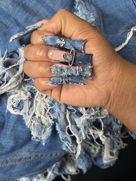 Jean Nails Design, Denim French Tip Nails, Blue Jean Nail Design, Denim Acrylic Nails, Von Dutch Nails, Xxl Duck Nails, Blue Jean Nails, Denim Duck Nails, Denim Nails Acrylic