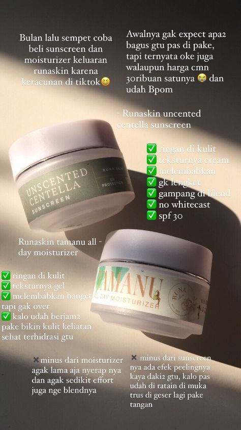 Review produk runaskin tamanu moisturizer & uncented centella sunscreen Centella Sunscreen, Moisturizer Sunscreen, Selfcare Routine, Skincare Kit, Instagram Graphics, Racun Shopee, Sunscreen Moisturizer, Skincare Product, Health Skin Care