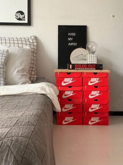 Nike Nightstand, Minimal Hypebeast Room, Nike Home Decor, Nike Boxes On Wall, Sneakerhead Room Decor, Shoebox Room Decor, Nike Themed Room, Sneaker Head Room Ideas Aesthetic, Sneaker Themed Bedroom