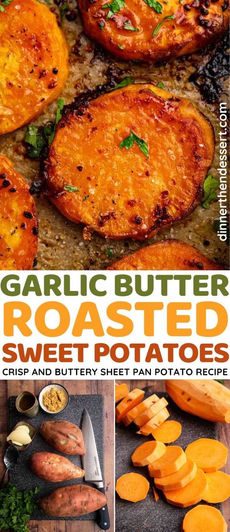 Roasted Sweet Potatoes With Garlic And Parmesan, The Best Sweet Potatoes, Starch Dinner Sides, Roasted Cubed Sweet Potatoes, Parmesan Garlic Sweet Potato Rounds, Over Roasted Sweet Potatoes, Sweet Potato Oven Roasted, Baked Sweet Potato Oven Healthy, Garlic Butter Sweet Potato