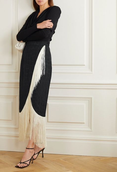 Taller Marmo, Bottega Veneta Sandals, Jacquard Midi Skirt, Designer Skirt, Printed Blouses, Designer Skirts, Fringe Fashion, Alexandre Vauthier, Fringe Skirt