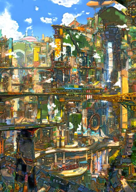 Vibrant City - Dkhk Ville Cyberpunk, Fantasy City, Fantasy Places, Futuristic City, Landscape Scenery, Fantasy Art Landscapes, Environment Design, 판타지 아트, Environment Concept Art