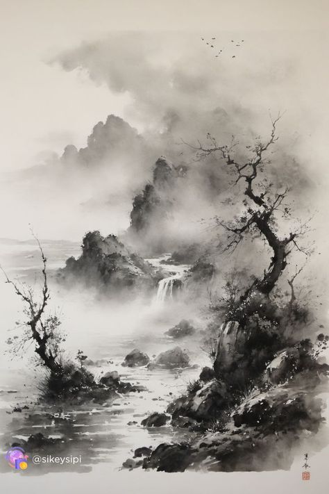 An exquisite black and white drawing in Japanese style reveals the beauty in every ink drop. A work of art, a masterpiece, best quality - all these aspects converge in this stunning composition. Traditional Chinese Ink Painting, Sumi E Landscape, Ink Japanese Art, Black Ink Painting Ideas, Painting With Ink And Water, Japanese Ink Painting Landscape, Japanese Abstract Art, Wolf Scenery, Japanese Mountain Art