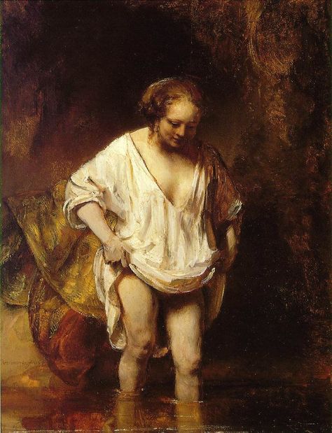 Rembrandt (1654) painted this woman (his common-law wife) bathing in a stream by using thick white paint to sculpt the layers of her garmet, leaving the background obscured. Rembrandt Art, Golden Age Painting, Rembrandt Paintings, Art Baroque, 4 October, Istoria Artei, Baroque Painting, Dutch Masters, Rembrandt Van Rijn