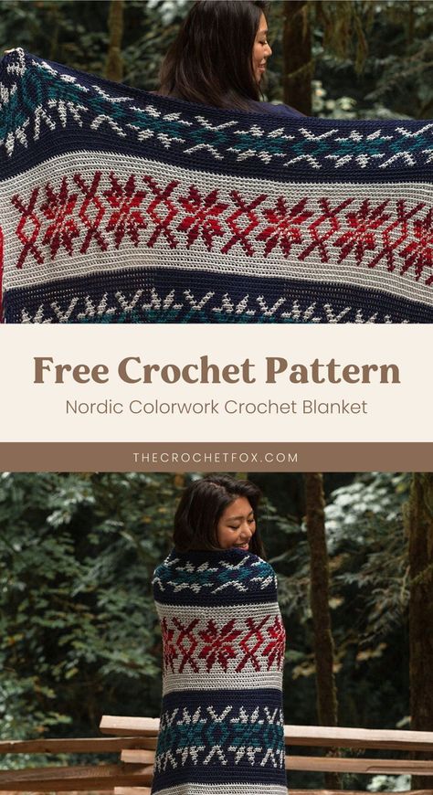 Enjoy working on this beautiful tapestry crochet blanket that resembles a classic fair isle knit blanket. This easy crochet pattern is the perfect crochet project for those who are fans of colorwork crochet. It is worked lengthwise rather than widthwise, using simple Single Crochet stitches and has fun fringes on the sides. | More free crochet patterns at thecrochetfox.com Crochet Cabin Decor, Dutch Crochet Patterns, Norse Knitting Pattern, Nordic Star Crochet Pattern, Nordic Crochet Blanket, Swedish Crochet Patterns, Folk Art Crochet, Northern Lights Crochet, Color Work Crochet Patterns