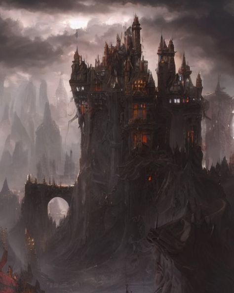 Shows a canyon castle that looks scary Dark Palace Fantasy Art, Evil Castle Aesthetic, Evil Castle Concept Art, Evil Landscape, Demon Palace, Evil Kingdom, Dark Fantasy Castle, Dark Palace, Evil Castle